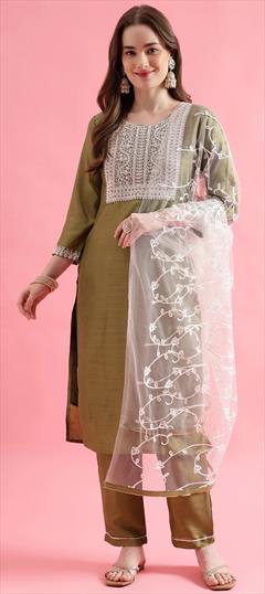 Festive, Party Wear Green color Salwar Kameez in Blended, Silk fabric with Straight Embroidered, Sequence work : 1912385
