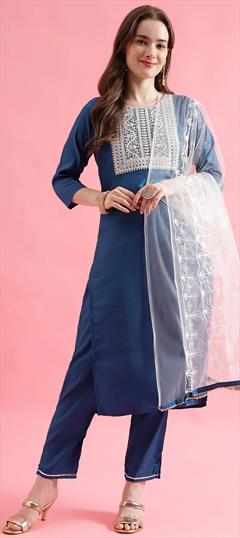 Festive, Party Wear Blue color Salwar Kameez in Blended, Silk fabric with Straight Embroidered, Sequence work : 1912387