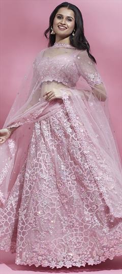 Bridal, Designer, Wedding Pink and Majenta color Lehenga in Net fabric with Flared Sequence, Thread work : 1912421
