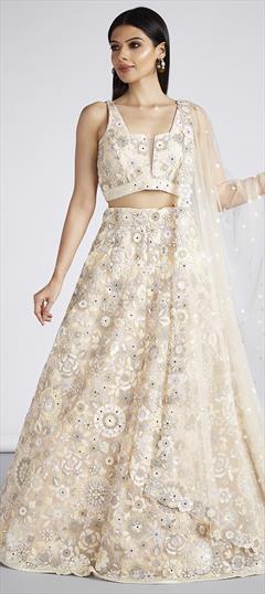 Bridal, Festive, Wedding Beige and Brown color Lehenga in Net fabric with Flared Embroidered, Mirror, Sequence, Thread work : 1912423