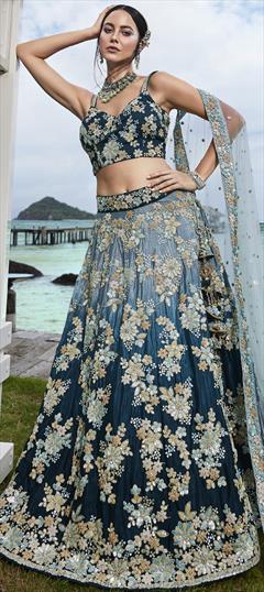 Bridal, Designer, Wedding Blue color Lehenga in Georgette fabric with Flared Embroidered, Sequence, Thread, Zircon work : 1912424