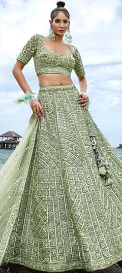 Bridal, Designer, Wedding Green color Lehenga in Net fabric with Flared Embroidered, Sequence, Thread, Zircon work : 1912428