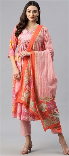 Festive, Summer Pink and Majenta color Salwar Kameez in Cotton fabric with Anarkali Floral, Mirror, Printed, Resham, Thread work : 1912457