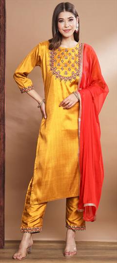 Festive, Party Wear Yellow color Salwar Kameez in Silk cotton fabric with Straight Embroidered, Thread work : 1912461