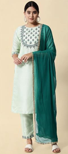 Festive, Party Wear Green color Salwar Kameez in Silk cotton fabric with Straight Embroidered, Thread work : 1912464