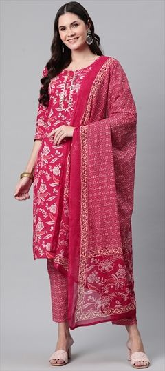 Festive, Summer Pink and Majenta color Salwar Kameez in Cotton fabric with Straight Floral, Gota Patti, Printed, Zardozi work : 1912470