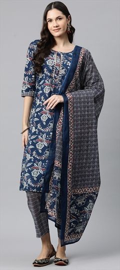 Festive, Summer Blue color Salwar Kameez in Cotton fabric with Straight Floral, Gota Patti, Printed, Zardozi work : 1912472