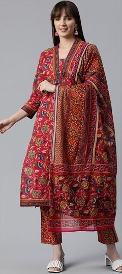Festive, Summer Red and Maroon color Salwar Kameez in Cotton fabric with Cut Dana, Floral, Printed work : 1912488