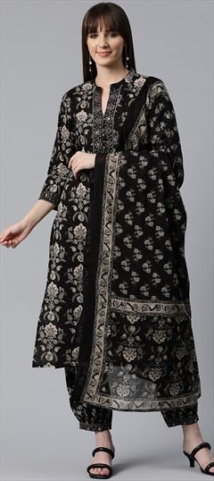 Festive, Party Wear, Summer Black and Grey color Salwar Kameez in Cotton fabric with Patiala, Straight Printed, Resham, Thread work : 1912489