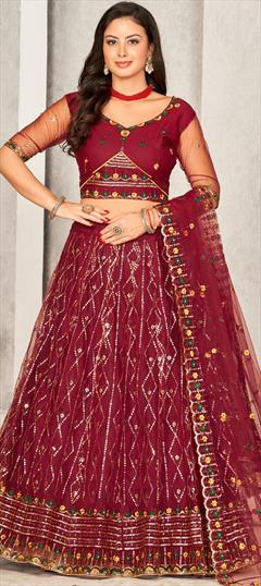 Festive, Mehendi Sangeet, Reception, Wedding Red and Maroon color Lehenga in Net fabric with Flared Embroidered, Resham, Thread work : 1912520