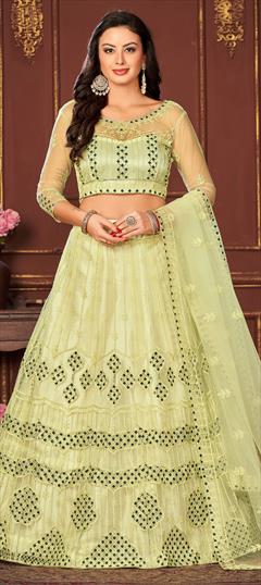 Festive, Mehendi Sangeet, Reception, Wedding Yellow color Lehenga in Net fabric with Flared Embroidered, Resham, Thread work : 1912522