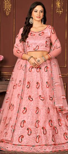 Festive, Mehendi Sangeet, Reception, Wedding Pink and Majenta color Lehenga in Net fabric with Flared Embroidered, Resham, Thread work : 1912530