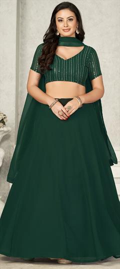 Mehendi Sangeet, Reception, Wedding Green color Lehenga in Georgette fabric with Flared Embroidered, Sequence work : 1912537