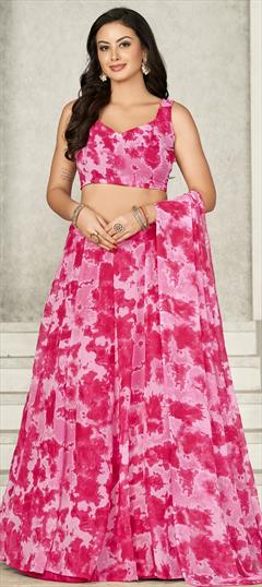 Mehendi Sangeet, Reception, Wedding Pink and Majenta color Lehenga in Georgette fabric with Flared Printed work : 1912538