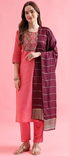 Festive, Party Wear Pink and Majenta color Salwar Kameez in Blended, Cotton fabric with Straight Embroidered, Resham, Thread work : 1912539