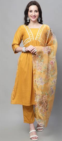 Festive, Party Wear Yellow color Salwar Kameez in Blended, Cotton fabric with Straight Embroidered, Resham, Thread work : 1912542