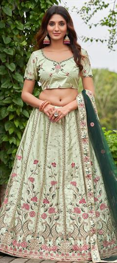 Mehendi Sangeet, Reception, Wedding Green color Lehenga in Satin Silk fabric with Flared Embroidered work : 1912543