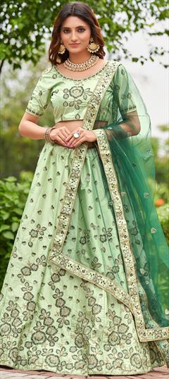 Engagement, Reception, Wedding Green color Lehenga in Satin Silk fabric with Flared Embroidered work : 1912558