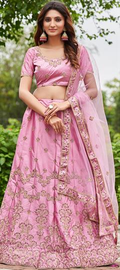 Engagement, Reception, Wedding Pink and Majenta color Lehenga in Satin Silk fabric with Flared Embroidered work : 1912562