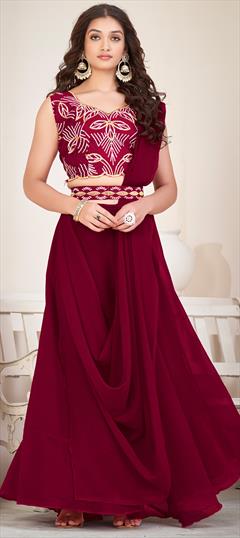 Engagement, Reception, Wedding Red and Maroon color Lehenga in Georgette fabric with Flared Embroidered work : 1912567