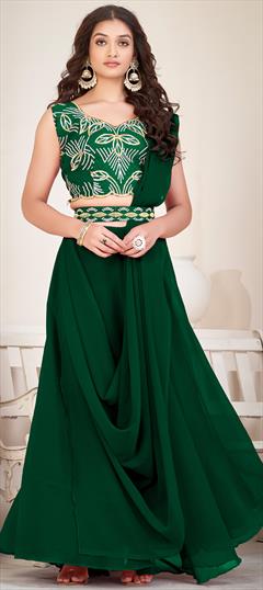 Engagement, Reception, Wedding Green color Lehenga in Georgette fabric with Flared Embroidered work : 1912568