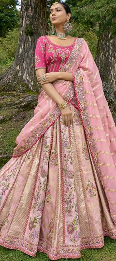 Bridal, Wedding Pink and Majenta color Lehenga in Silk fabric with Flared Embroidered, Resham, Sequence, Thread, Zari work : 1912607