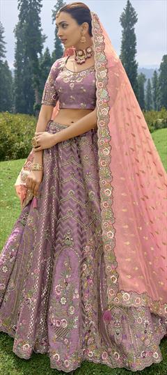 Bridal, Wedding Purple and Violet color Lehenga in Silk fabric with Flared Embroidered, Resham, Sequence, Thread, Zari work : 1912609