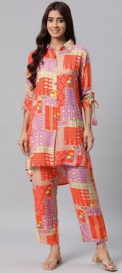 Casual, Summer Orange color Co-ords Set in Muslin fabric with Printed, Sequence work : 1912614