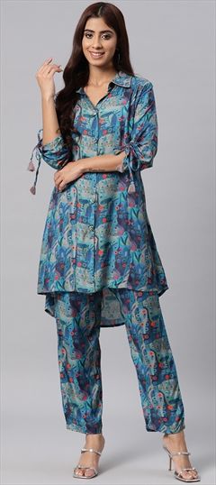 Casual, Summer Blue color Co-ords Set in Muslin fabric with Printed, Sequence work : 1912615