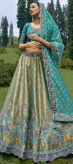 Bridal, Wedding Gold color Lehenga in Silk fabric with Flared Embroidered, Resham, Sequence, Thread, Zari work : 1912618