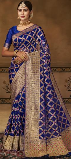 Party Wear, Traditional Blue color Saree in Organza Silk, Silk fabric with South Weaving work : 1912627