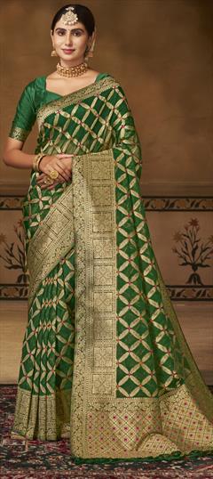 Party Wear, Traditional Green color Saree in Organza Silk, Silk fabric with South Weaving work : 1912628