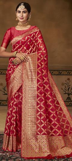 Party Wear, Traditional Red and Maroon color Saree in Organza Silk, Silk fabric with South Weaving work : 1912629