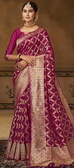 Party Wear, Traditional Pink and Majenta color Saree in Organza Silk, Silk fabric with South Weaving work : 1912630