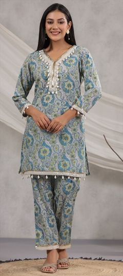 Casual, Summer Blue color Co-ords Set in Cotton fabric with Embroidered, Printed, Resham, Thread work : 1912660