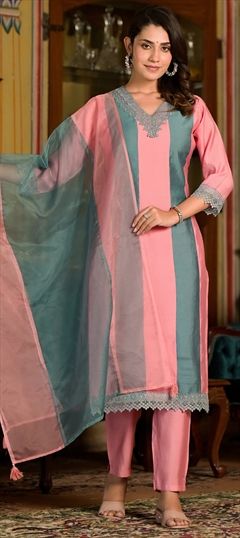 Festive, Party Wear, Summer Blue, Pink and Majenta color Salwar Kameez in Muslin fabric with Straight Lace work : 1912849