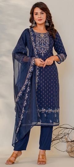 Festive, Party Wear, Summer Blue color Salwar Kameez in Rayon fabric with Straight Embroidered, Foil Print, Resham, Thread, Zari work : 1912850