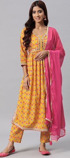 Festive, Party Wear, Summer Yellow color Salwar Kameez in Cotton fabric with Anarkali Cut Dana, Floral, Gota Patti, Mirror, Printed work : 1912852