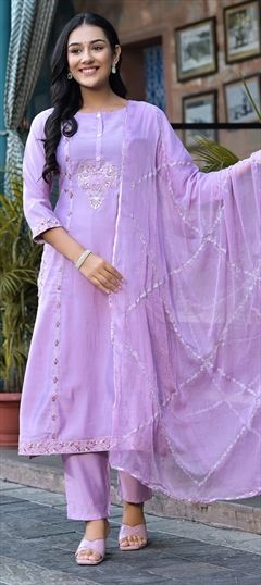 Festive, Party Wear, Summer Purple and Violet color Salwar Kameez in Muslin fabric with Straight Embroidered, Resham, Thread, Zari work : 1912853