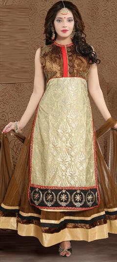 Festive, Reception Beige and Brown color Salwar Kameez in Net fabric with Anarkali Embroidered, Resham, Sequence, Thread work : 1912912