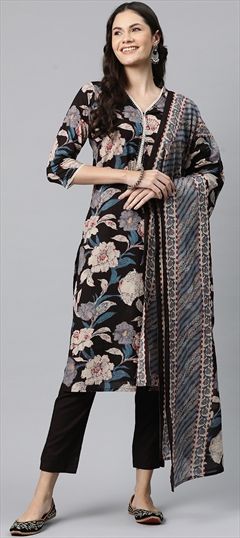 Festive, Summer Black and Grey color Salwar Kameez in Cotton fabric with Straight Floral, Lace, Printed, Sequence, Thread work : 1913020