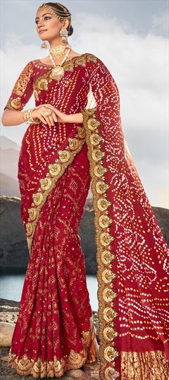 Bridal, Traditional, Wedding Red and Maroon color Saree in Satin Silk fabric with Classic, Rajasthani Bandhej, Cut Dana, Embroidered, Mirror, Moti, Printed work : 1913022