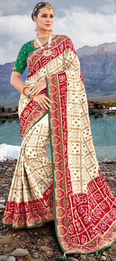 Bridal, Traditional, Wedding White and Off White color Saree in Satin Silk fabric with Classic, Rajasthani Bandhej, Cut Dana, Embroidered, Mirror, Moti, Printed work : 1913023