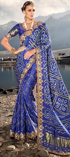 Bridal, Traditional, Wedding Blue color Saree in Satin Silk fabric with Classic, Rajasthani Bandhej, Cut Dana, Embroidered, Mirror, Moti, Printed work : 1913024