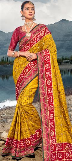 Bridal, Traditional, Wedding Yellow color Saree in Satin Silk fabric with Classic, Rajasthani Bandhej, Cut Dana, Embroidered, Mirror, Moti, Printed work : 1913025