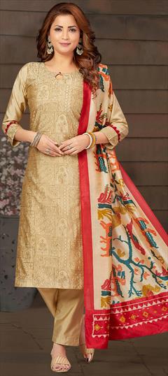 Festive, Party Wear, Reception Beige and Brown color Salwar Kameez in Art Silk fabric with Straight Resham, Thread work : 1913032