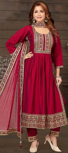 Festive, Party Wear, Reception Red and Maroon color Salwar Kameez in Art Silk fabric with A Line Embroidered, Resham, Sequence, Thread work : 1913034