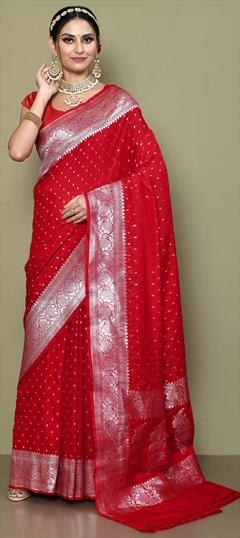 Festive, Reception, Wedding Red and Maroon color Saree in Georgette fabric with Classic Weaving, Zari work : 1913119