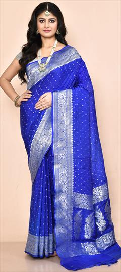 Festive, Reception, Wedding Blue color Saree in Georgette fabric with Classic Weaving, Zari work : 1913120