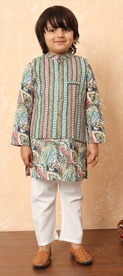 Festive, Summer Multicolor color Boys Kurta Pyjama with Jacket in Cotton fabric with Printed work : 1913149